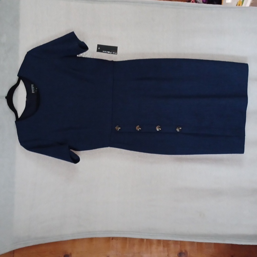 En Focus Studio Women's Sheath Dress Size 8 Navy Blue Half Sleeve Knee Length.